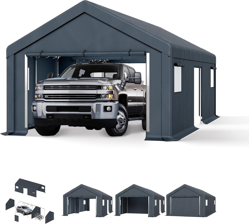 PHI VILLA 13X24ft Carport, Portable Carports Outdoor Storage Shelter Shed Garage Canopy with Roll up Zipper Doors & Vents Waterproof UV Resistant Garages Tent for Cars,Boats,Tools, Motorcycle, Gray