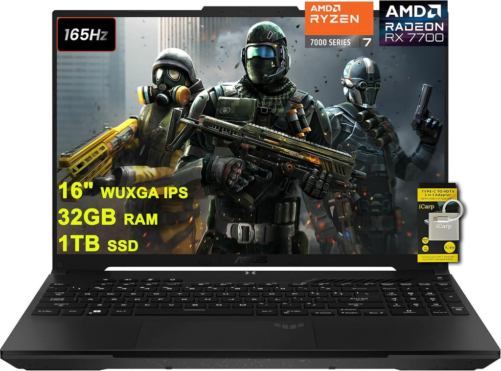 ASUS TUF Gaming A16 Laptop 16' WUXGA 165Hz 100% sRGB AMD 8-core Ryzen 7 7735HS 32GB RAM 1TB SSD Radeon RX 7700S 8GB (>RTX4060) Backlit USB4 Fast Charge AI Noise Cancelation Win11 w/ICP Accessory