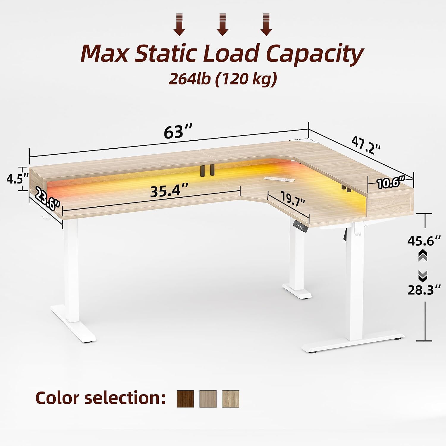 TIQLAB 63'' L-Shaped Standing Desk with LED Light Strip and Power Outlet, Height Adjustable Corner Table with Ergonomic Monitor Stand, Light Walnut