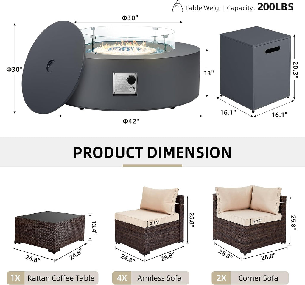 UPHA 9 Pieces Patio Furniture Sets, Wicker Outdoor Sectional Sofa Couch with Round Propane Pit for Deck Backyard Garden, Brown Rattan, Beige Cushion