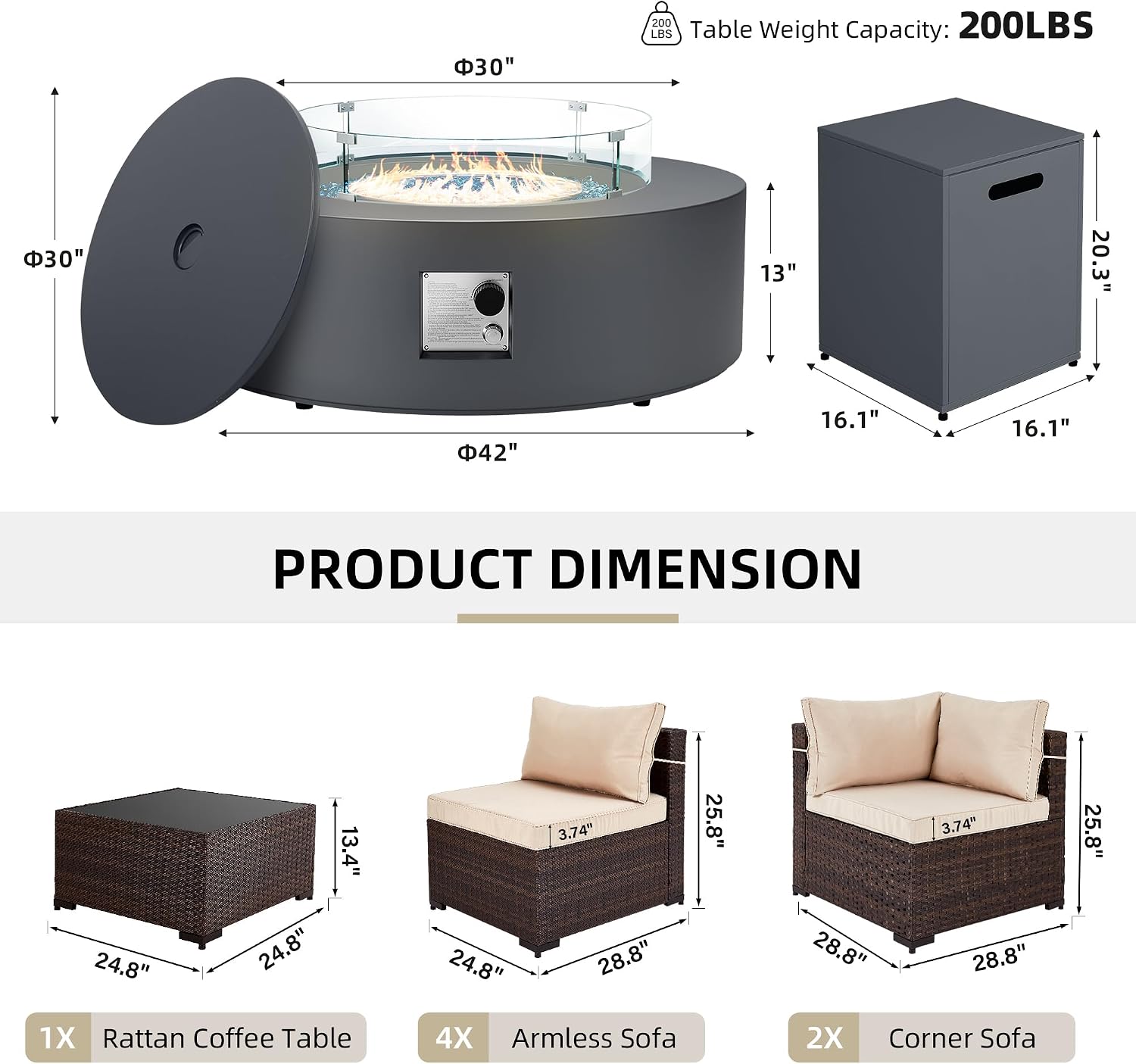 UPHA 9 Pieces Patio Furniture Sets, Wicker Outdoor Sectional Sofa Couch with Round Propane Pit for Deck Backyard Garden, Brown Rattan, Beige Cushion