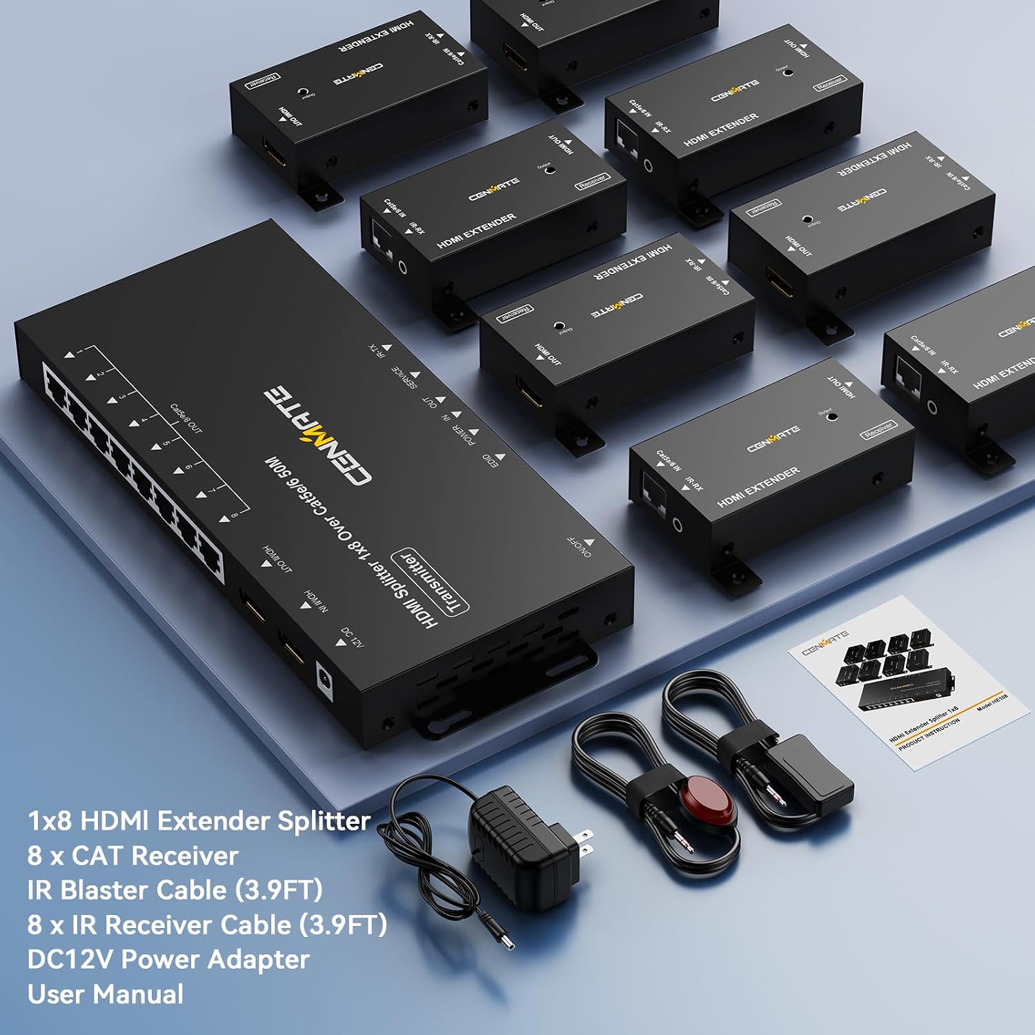 CENMATE 1x8 HDMI Extender Splitter, Up to 165FT Over CAT5e/6/7, 8 Channel Transmission with 1 HDMI Loop Out, Supports IR, 3D, HDCP, EDID, POC