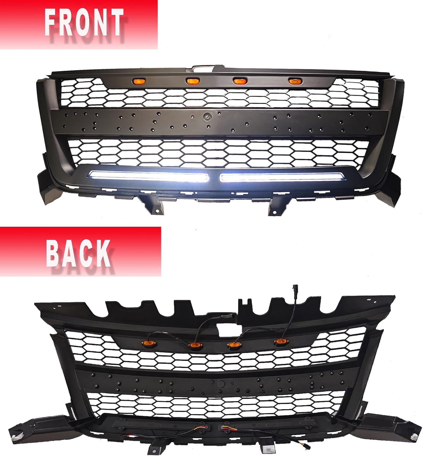 Front Grille Compatible with 2016 2017 2018 2019 2020 Colorado Replacement Front Grill, Black Letters and 4 LED Lights (with 2 LED Bars)