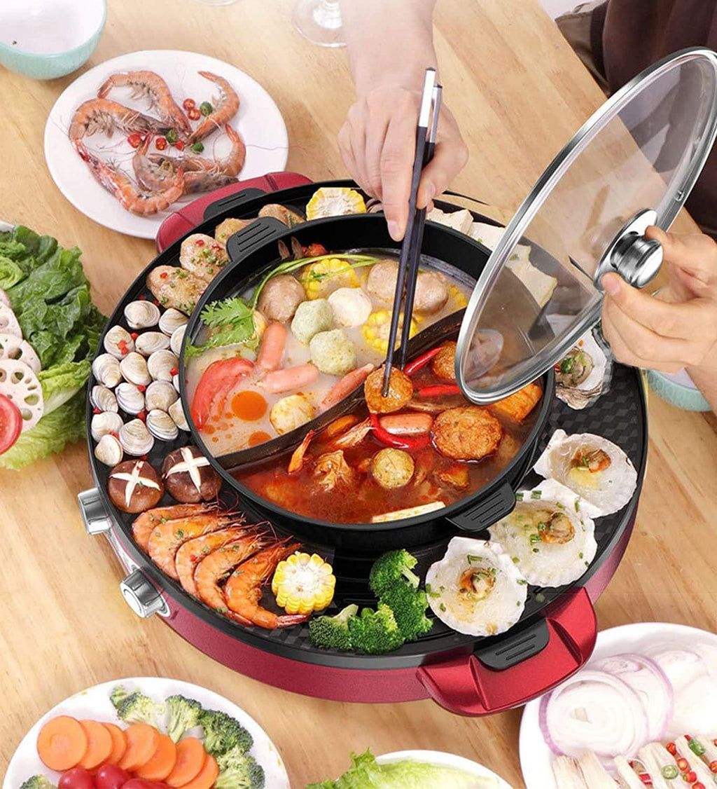 Electric Grill Hot Pot,Smokeless Barbecue Machine,Non-Stick Multi-Purpose Shabu Pot with Divider,Separate Dual Temperature Contral,Black (Color : Black)