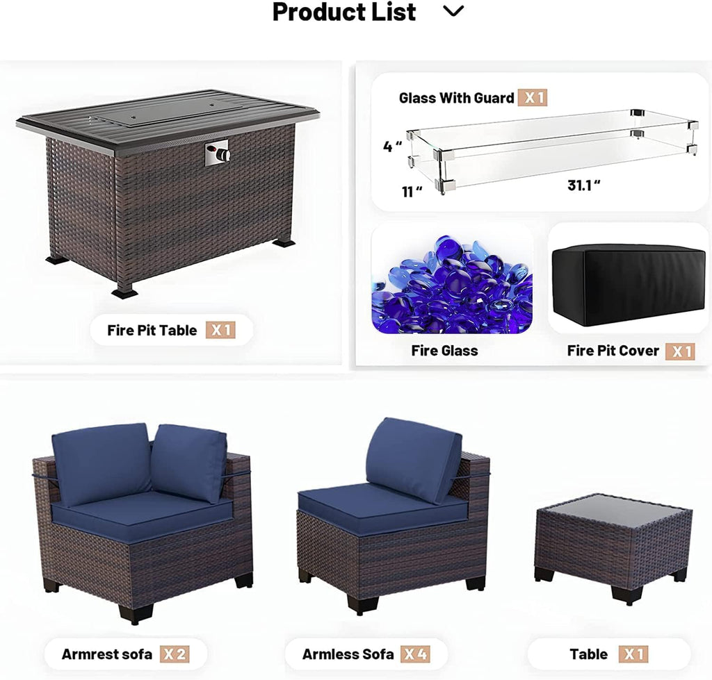 Kullavik 8 Pieces Outdoor Patio Furniture Set,Sectional Sofa Set with 43' 55000 BTU Gas Propane Fire Pit Table,Brown PE Rattan Wicker Patio Conversation Set,Navy Blue