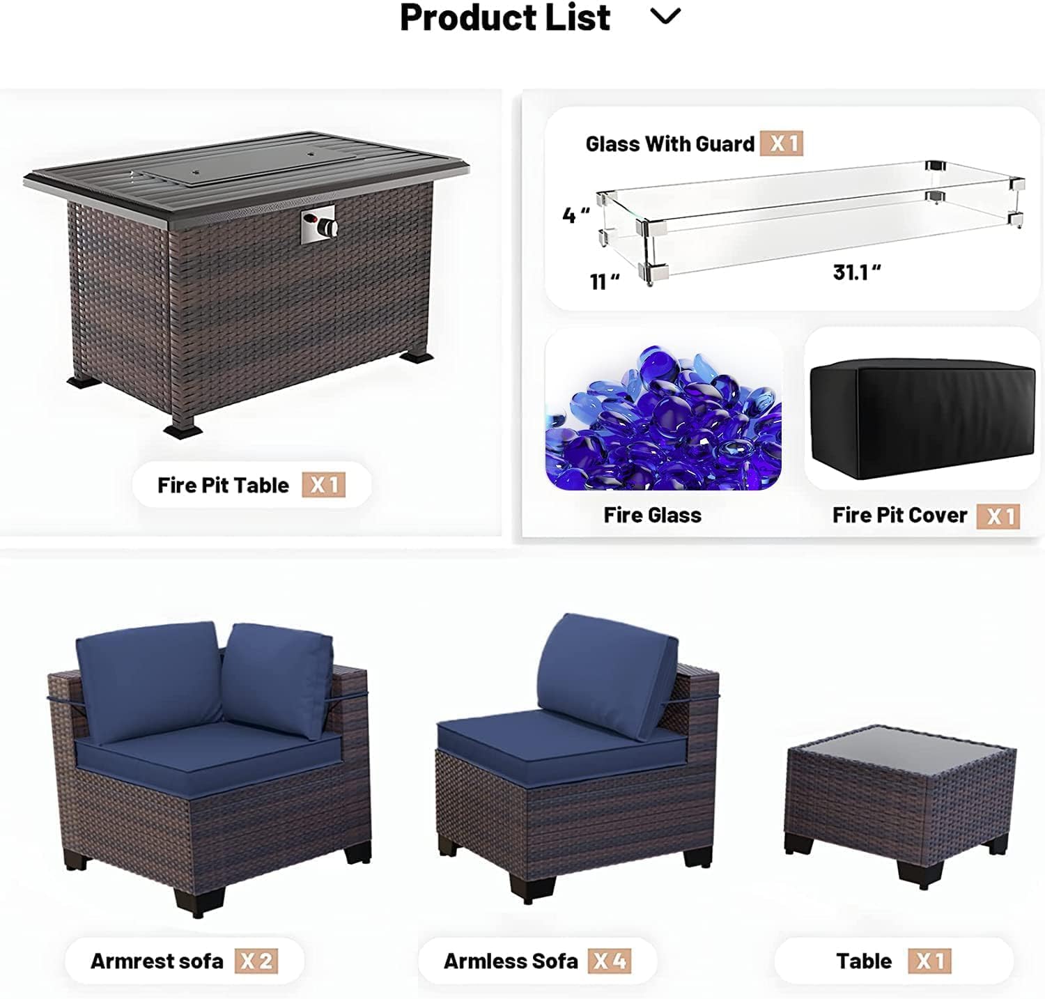 Kullavik 8 Pieces Outdoor Patio Furniture Set,Sectional Sofa Set with 43' 55000 BTU Gas Propane Fire Pit Table,Brown PE Rattan Wicker Patio Conversation Set,Navy Blue