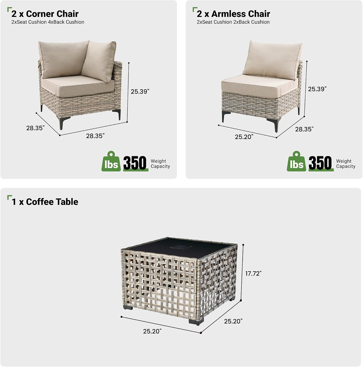 5 Piece Outdoor Patio Furniture with Glowing Coffee Table, Rattan Wicker Conversation Set with Sofa, Sectional Single Chairs for Outside Porch Balcony Backyard Pool,Beige