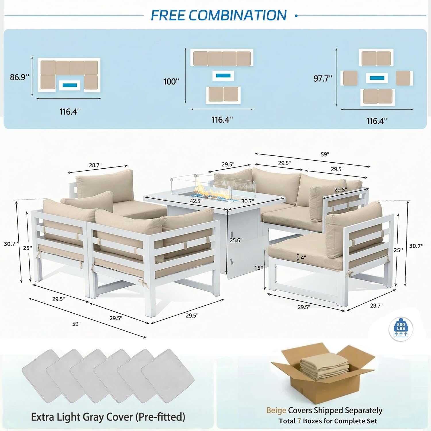 NICESOUL 7 Piece Extra Large Modern Aluminum Outdoor Sofa with Fire Pit Table, 29' Deep Wide Seating, 500 lbs Durable Sectional Set, All-Weather L Shaped Patio Furniture Set for Exterior Garden, Beige