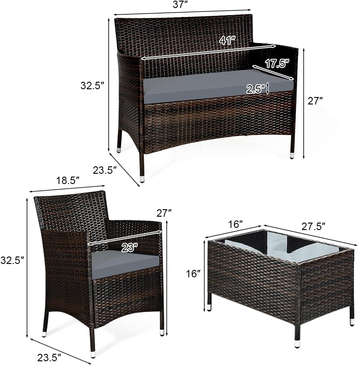 COSTWAY 8PCS Rattan Patio Furniture Set, Outdoor Wicker Rattan Chairs with Coffee Table, Rattan Cushioned Conversation Set for Backyard Balcony Porch Poolside, Grey
