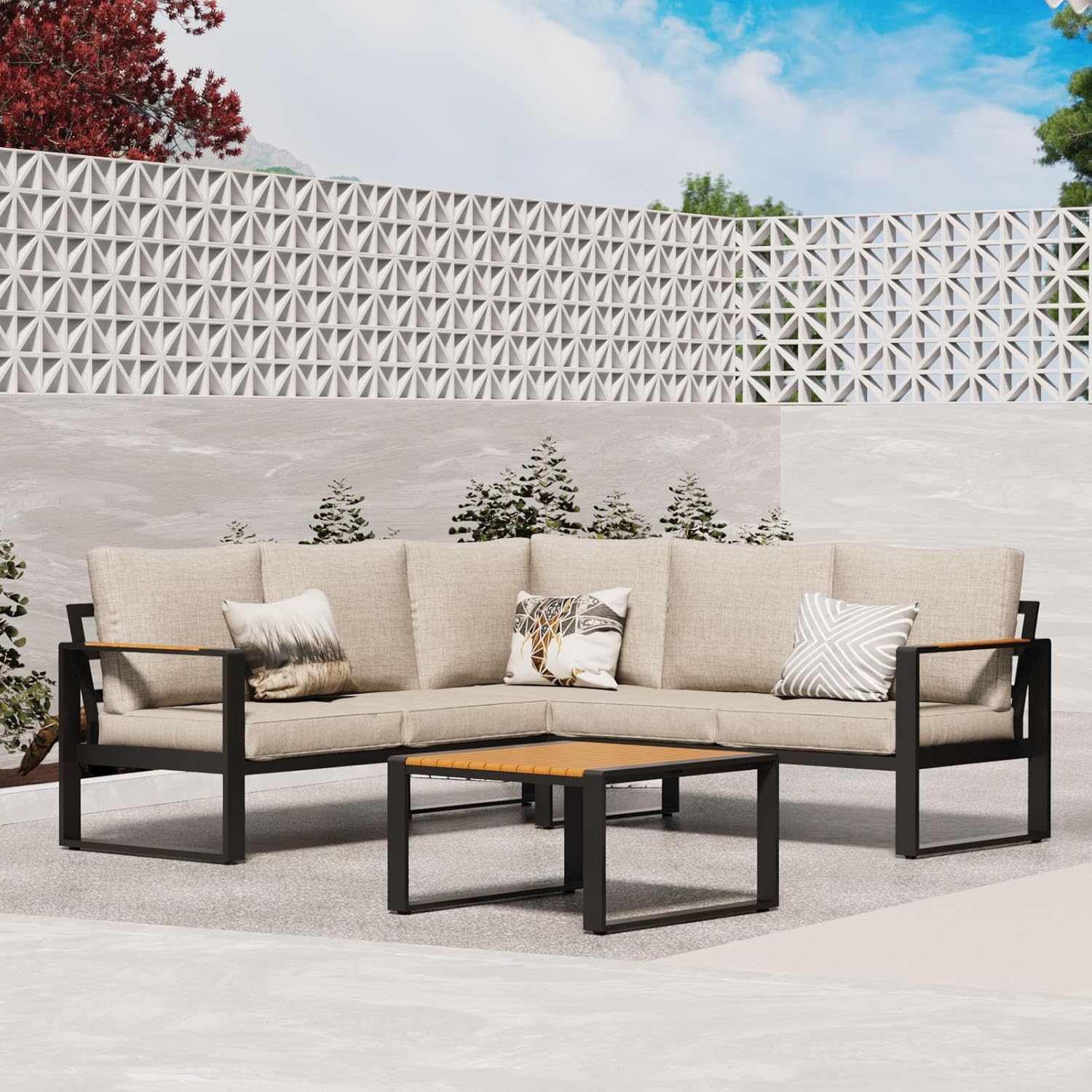 Aluminum Patio Furniture Set, All-Weather Outdoor Couch Sectional, L Shaped Patio Conversation Sets, Metal Corner Sofa with Teak Coffee Table(Cushion: Beige., Black Frame)