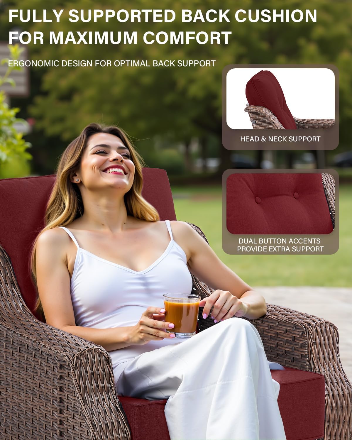 Belord 6' Thick Cushion Outdoor Swivel Rocker Patio Chairs Set of 2,3 Piece Wicker Patio Bistro Set with Side Table and Comfort High Back Outdoor Patio Glider Chair Brown Wicker/Red Cushion
