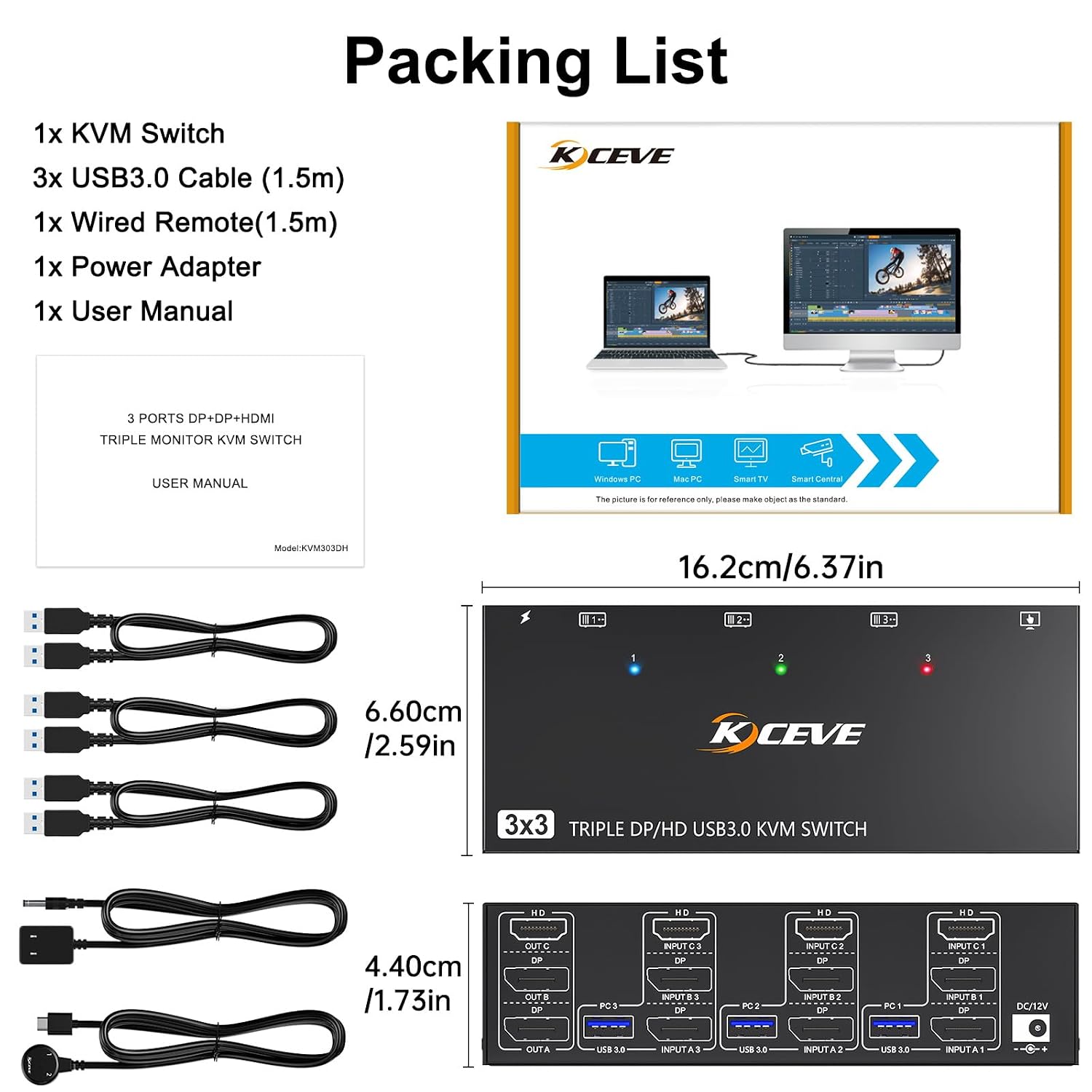 KVM Switch 3 Monitors 3 Computers 8K@60Hz, Camgeet HDMI+2 Displayport KVM Switch Triple Monitor for 3 Computer Share 3 Monitor and 4 USB3.0 Devices,Wired Remote and 12V Power Adapter Included