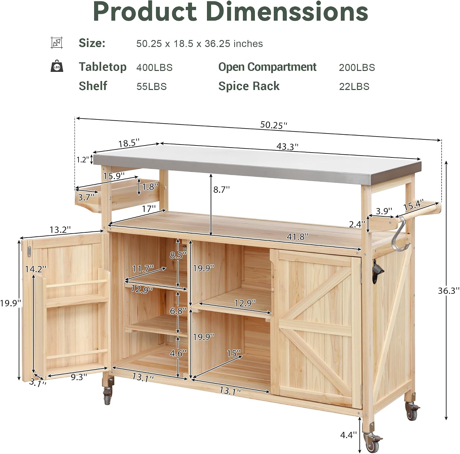 50.25' W Grill Cart with Stainless Steel Tabletop - Outdoor Storage Cabinet for BBQ, Bar Patio Kitchen Island with Ample Storage and Lockable Wheels
