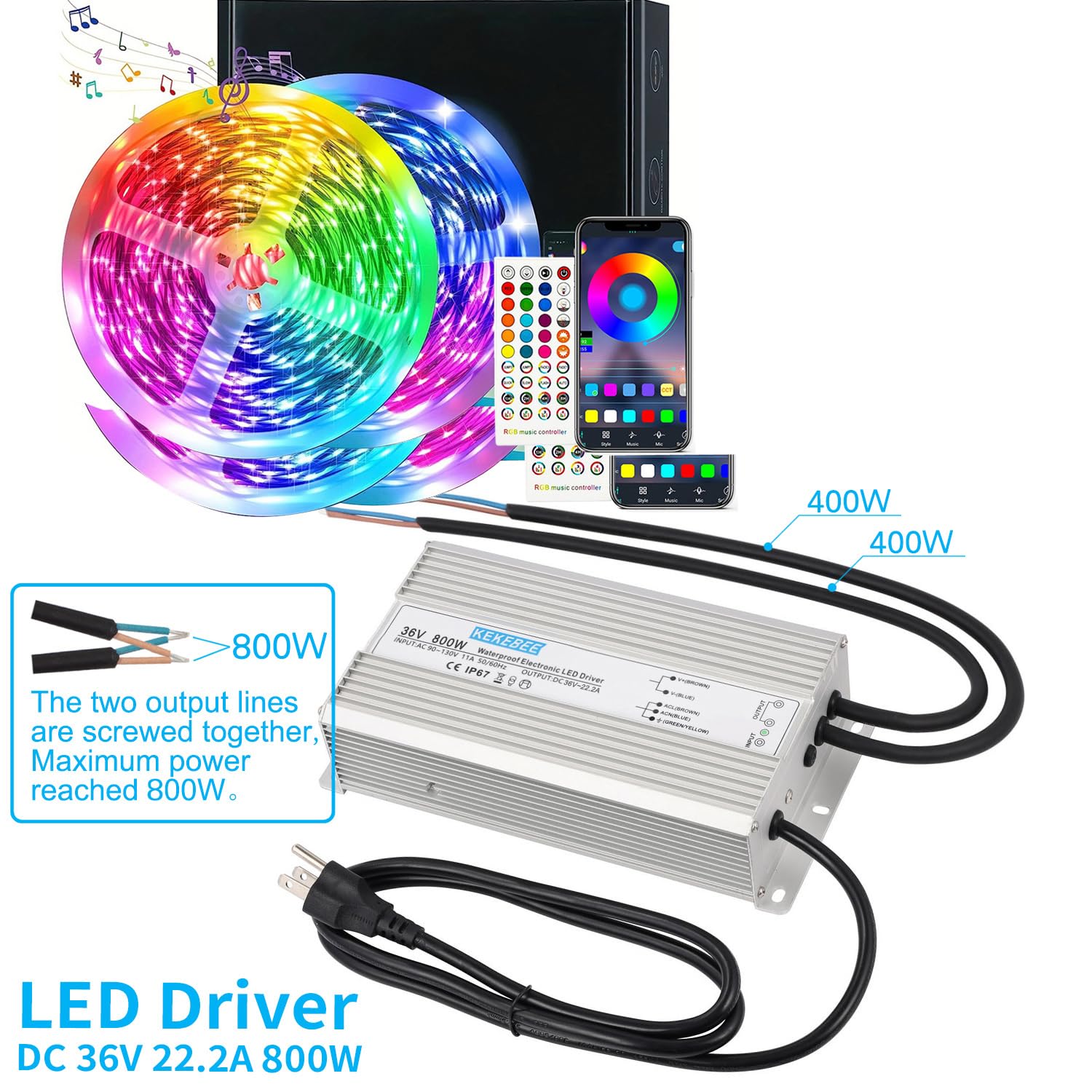 LED Driver 36V 800W Waterproof Power Supply AC90-135V to DC36V22.2A IP67 Waterproof Low Voltage Converter Suitable for Outdoor LED Lighting Sign Advertising Light Box and 36V DC Equipment