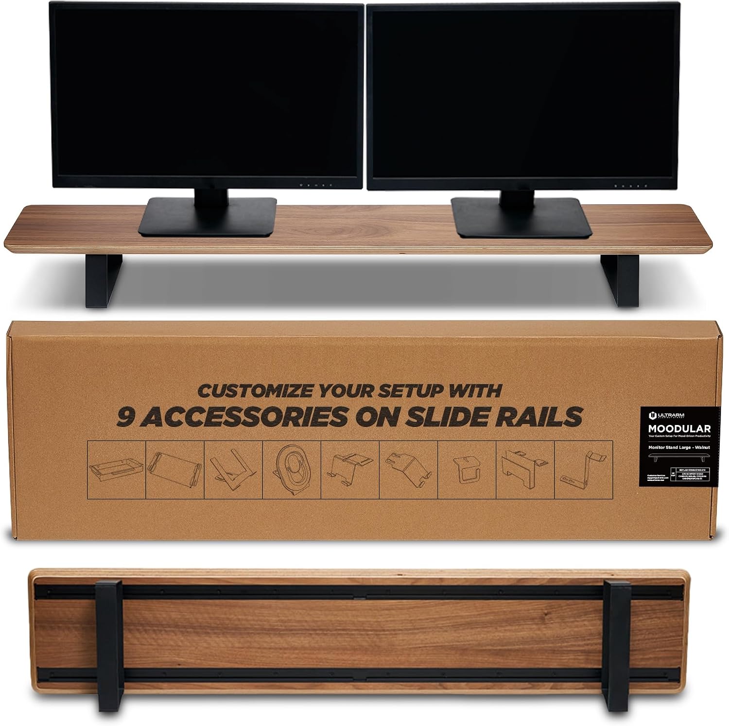 ULTRARM Moodular Wooden Monitor Stand 45.6' (116cm) Large Desk Organizer with Metal Slide Rails for Drawer, Tray, Laptop, Tablet, Phone & Headphones Customizable Riser for Organized Workspace Walnut