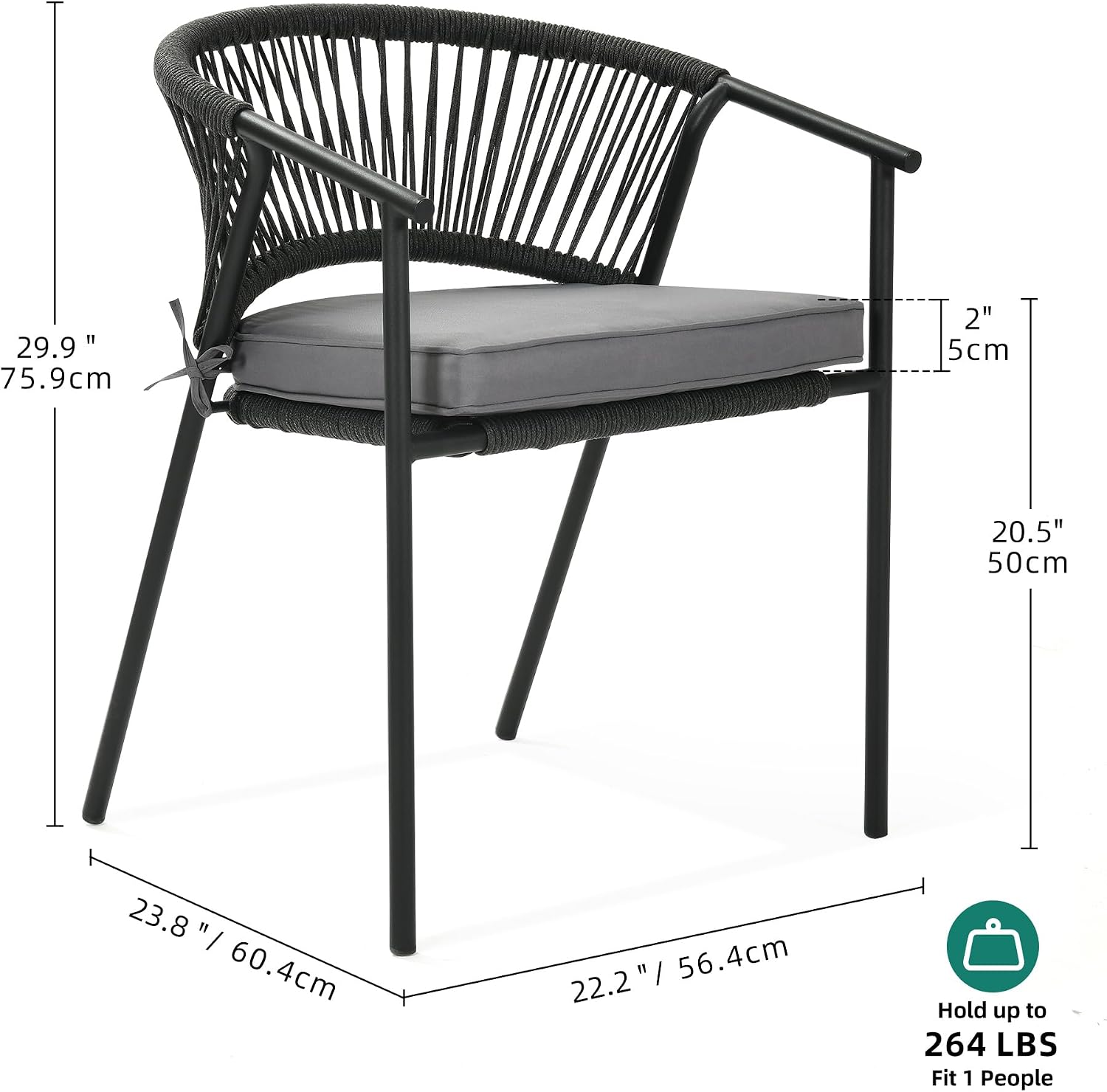 YITAHOME Outdoor Dining Chair Set of 6, Rope Woven Design Stackable Chairs, Indoor-Outdoor Armchair Seating for Patio, Backyard, Poolside, Balcony - Grey