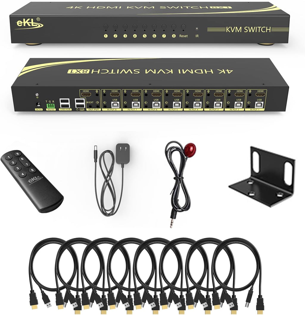 eKL KVM Switch, 8 Port v2.0 HDMI KVM Switch Supports Hotkeys Swapping 4K@60Hz 4:4:4 1080p 3D, 8 in 1 Out 8 PCs Sharing with One Set of Keyboard and Mouse
