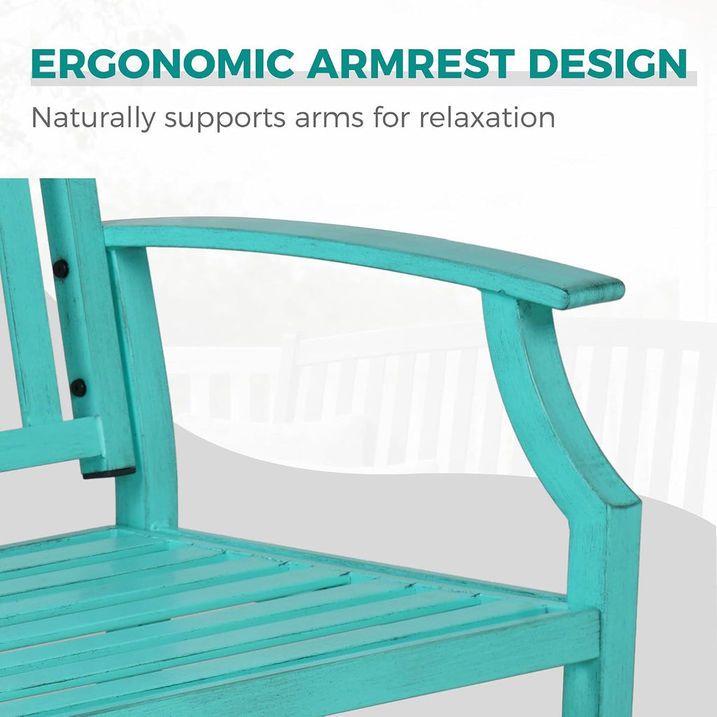 Grand patio 52' Farmhouse Outdoor Bench, Garden Benches with Anti-Rust Aluminum Powder Coated Frame, Faux Wood Grain Finish Frame Patio Bench for Front Porch, Turquoise Blue