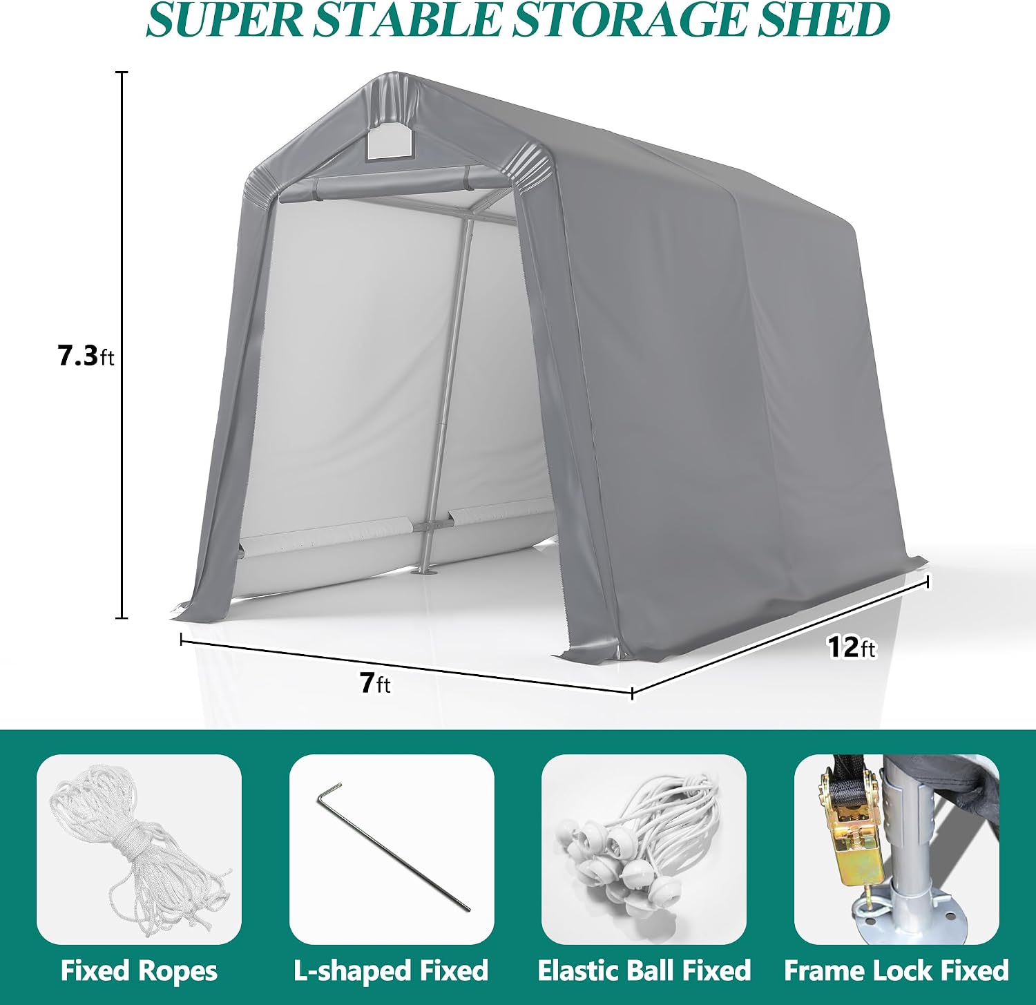 GARTOO 7' x 12' Outdoor Storage Shed- Heavy Duty Storage Shelter Tent with Roll-up Ventilated Door, Portable Garage Zipper Storage shed for Bike, ATV, Motorcycle Shelter, Gray