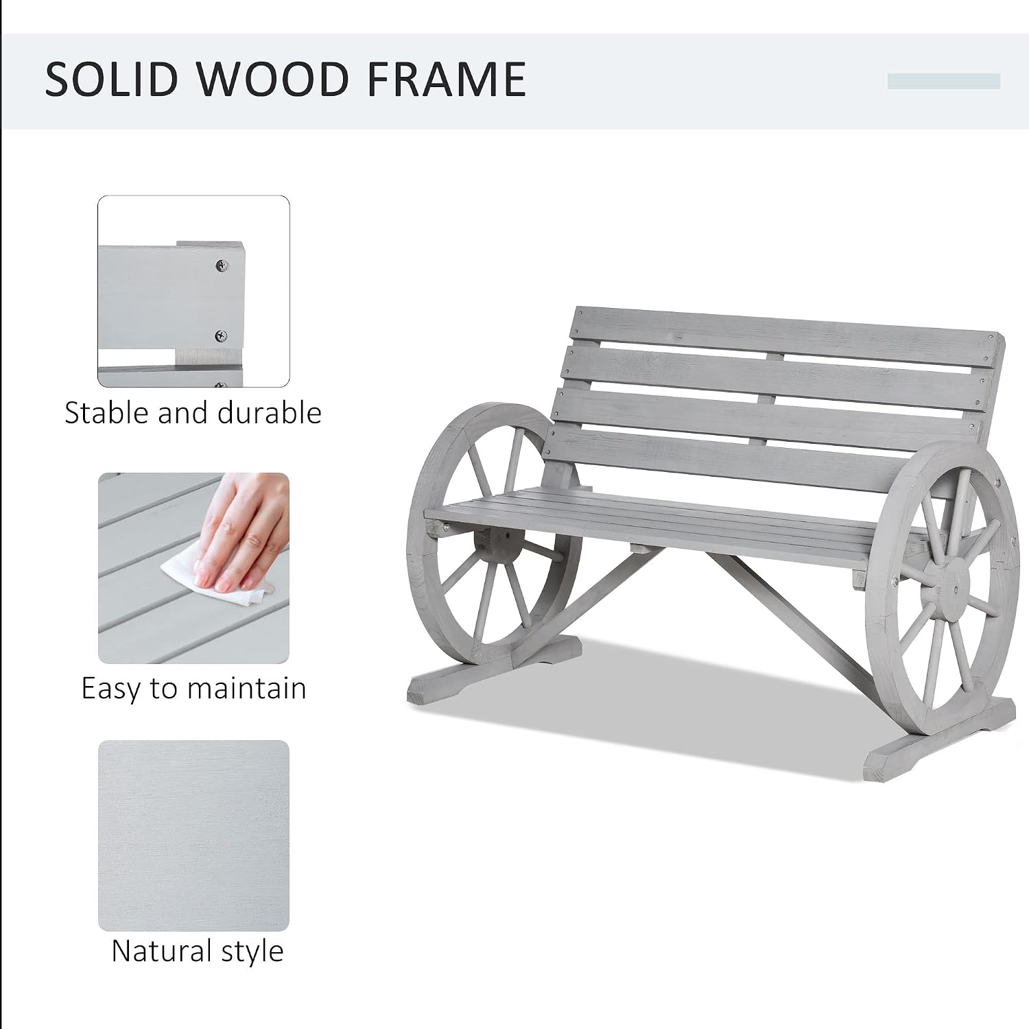Outsunny 41' Wooden Wagon Wheel Bench, Rustic Outdoor Patio Weather Resistance Furniture, 2-Person Slatted Seat Bench with Backrest, Light Gray