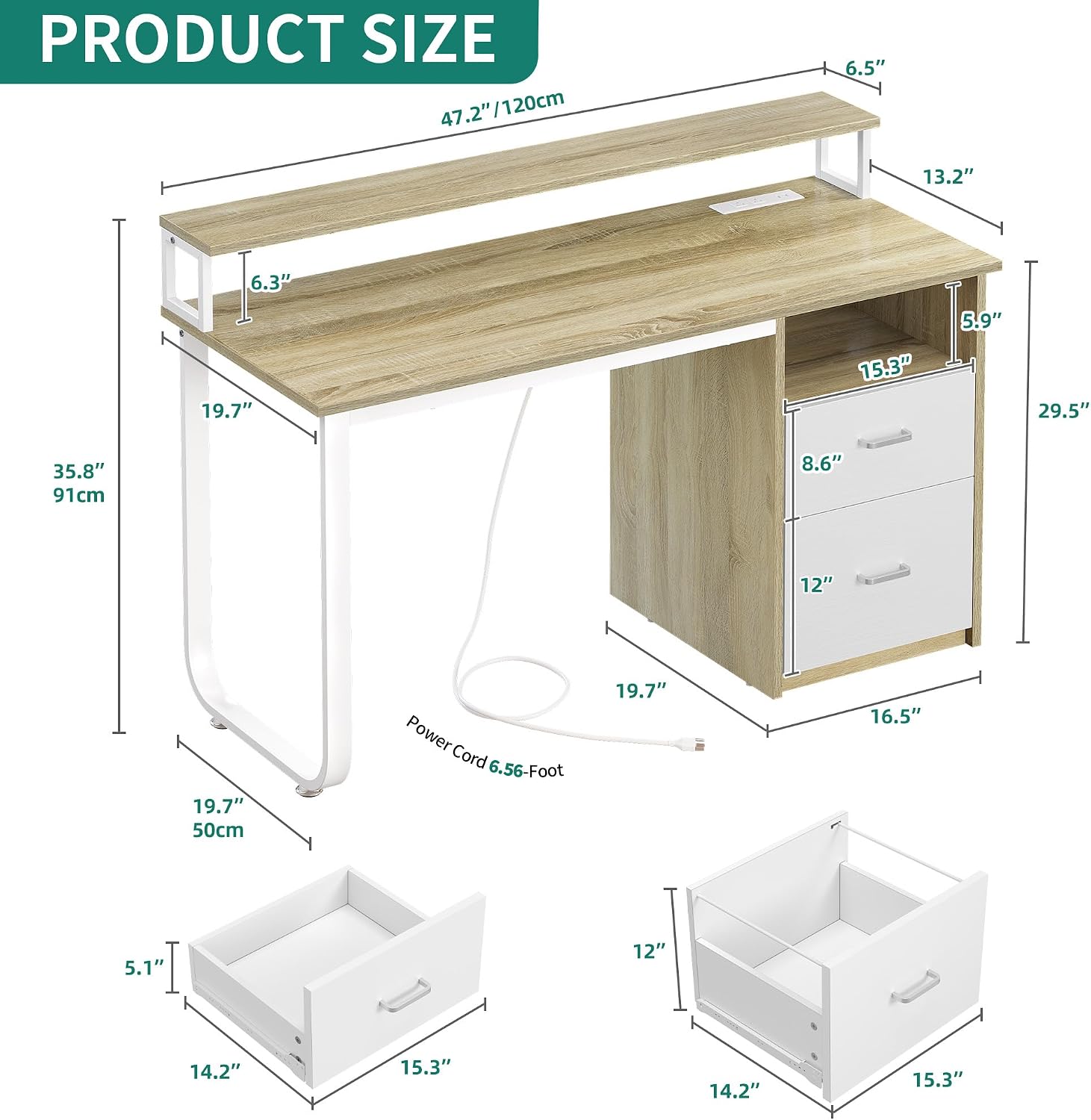 DWVO Computer Desk with Drawers, 55' Office Desk with Power Outlets & LED Light, Home Office Desk with Storage Shelves, White & Oak