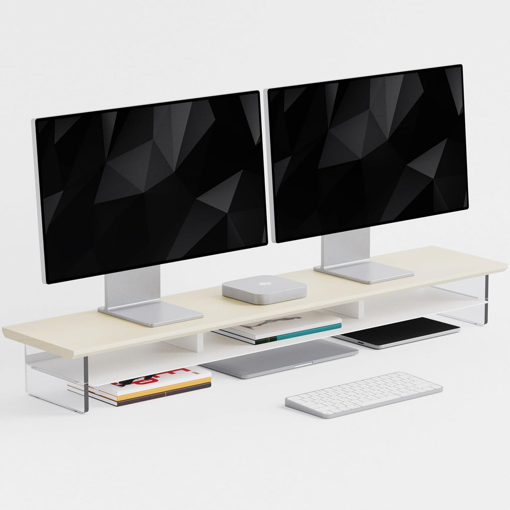 FENSULN Dual‑Tier Monitor Stand for Modern Desk Setup – Minimalist Wooden and Metal Riser Shelf with Transparent Acrylic Feet for Dual Monitors, Laptops, Home Office Aesthetic，Beige and White