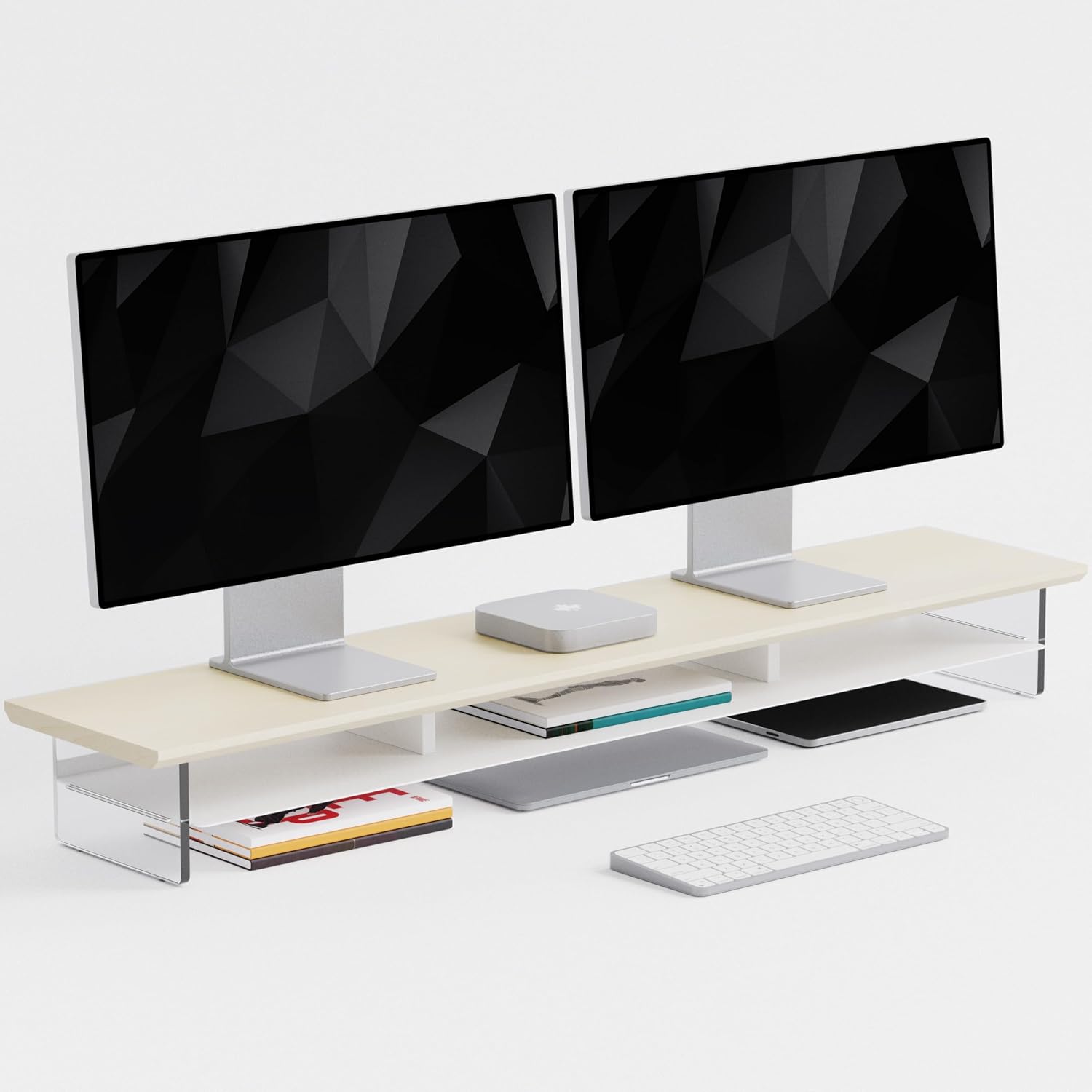 FENSULN Dual‑Tier Monitor Stand for Modern Desk Setup – Minimalist Wooden and Metal Riser Shelf with Transparent Acrylic Feet for Dual Monitors, Laptops, Home Office Aesthetic，Beige and White