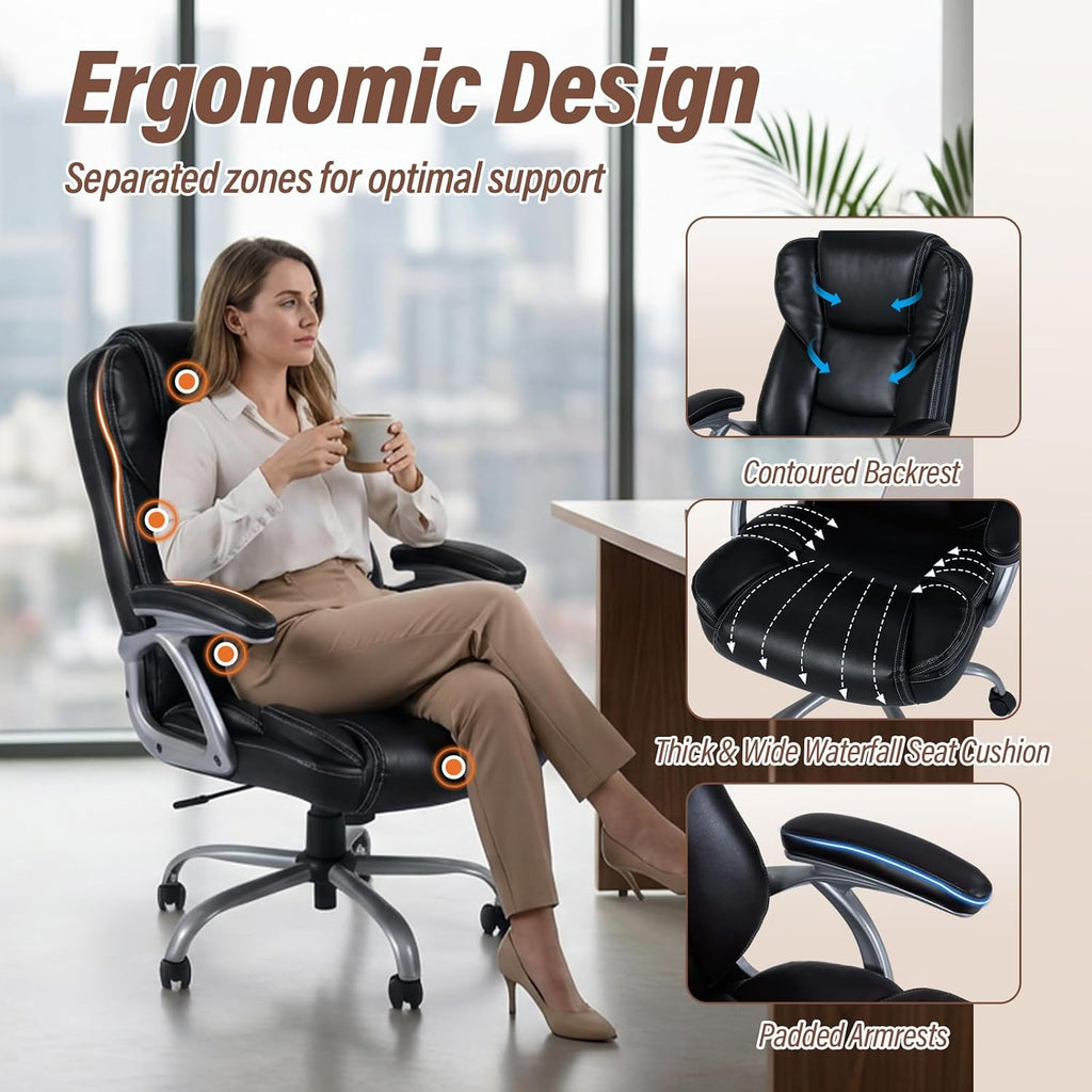 Giantex Executive Office Chair, Leather Ergonomic Computer Desk Chair w/Rocking Function, Padded Seat & Arms, Height Adjustable Gaming Chairs, High Back Rolling Swivel Chair for Home Office (Black)