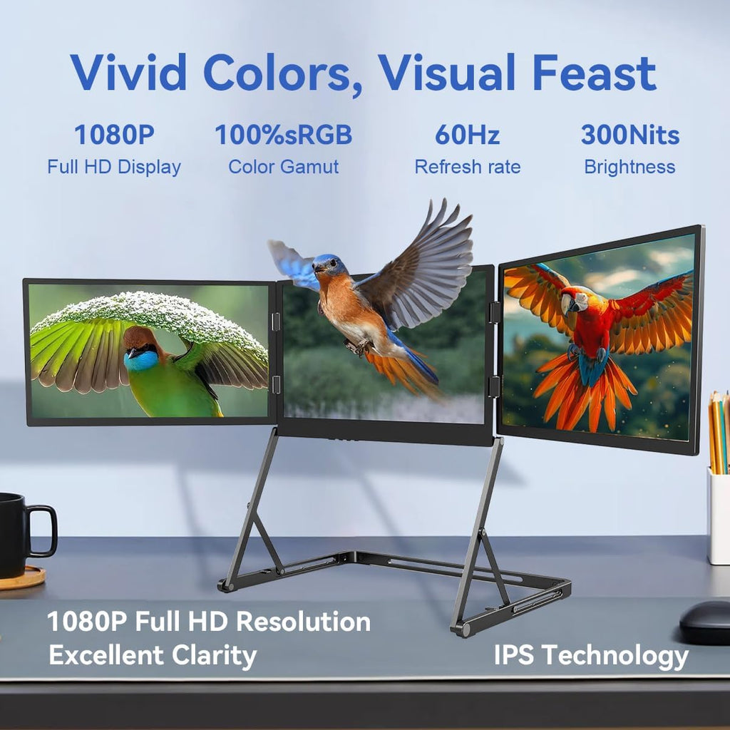 15.6'Laptop Tri-Fold Monitor, 1080p Fhd Portable Laptop Screen Extender, Type-C/HDMI/USB-C Plug-Play Extended Screen with 360° Rotation Acjustable Viewing Angles, Compatible with Windows and Macos
