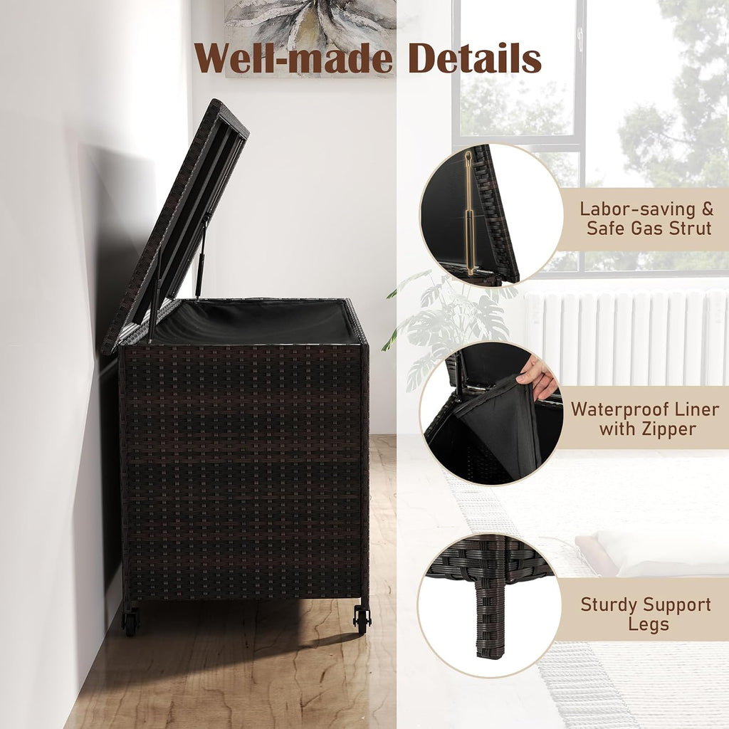 RELAX4LIFE 85-Gallon Deck Box with Wheels - Wicker Rattan Storage Bin Container w/Waterproof Liner & Gas Strut for Patio Cushions, Garden Tools, Pool Supplies, Indoor Outdoor Storage Box (Brown)