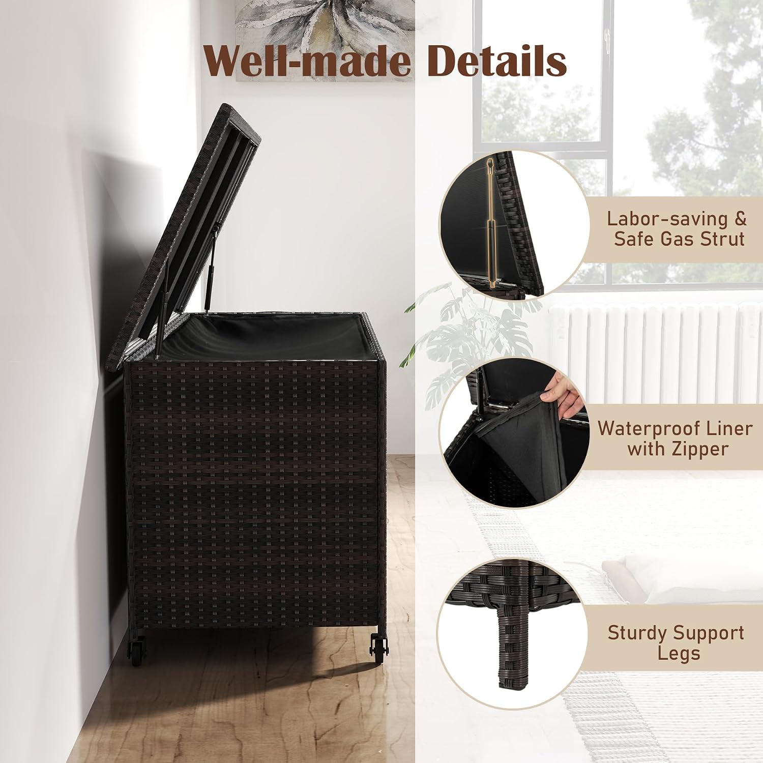 RELAX4LIFE 85-Gallon Deck Box with Wheels - Wicker Rattan Storage Bin Container w/Waterproof Liner & Gas Strut for Patio Cushions, Garden Tools, Pool Supplies, Indoor Outdoor Storage Box (Brown)