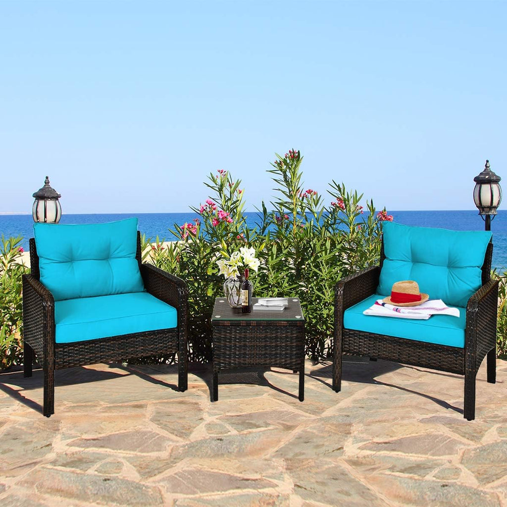 COSTWAY 3PCS Patio Furniture Set, Outdoor Wicker Cushioned Sofa Set with Coffee Table, All Weather Rattan Conversation Set for Garden Balcony Backyard Poolside Lawn, Turquoise
