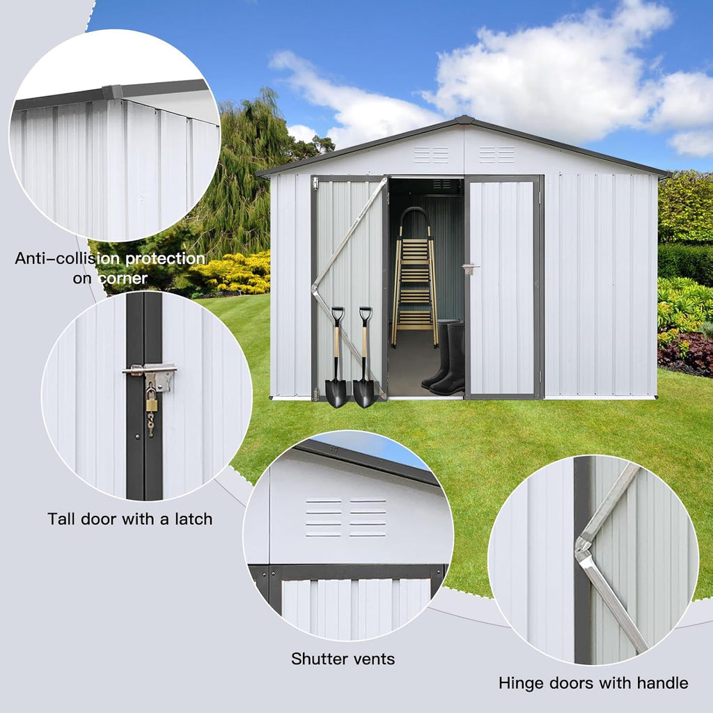 10x12 FT Sheds & Outdoor Storage,Metal Aluminum Garden Shed,with Punched Vents,Waterproof Cabinet w/Hinged Door and Padlock,Tool House for Storing Bicycles,Lawnmowers,Barbeques,White+Grey