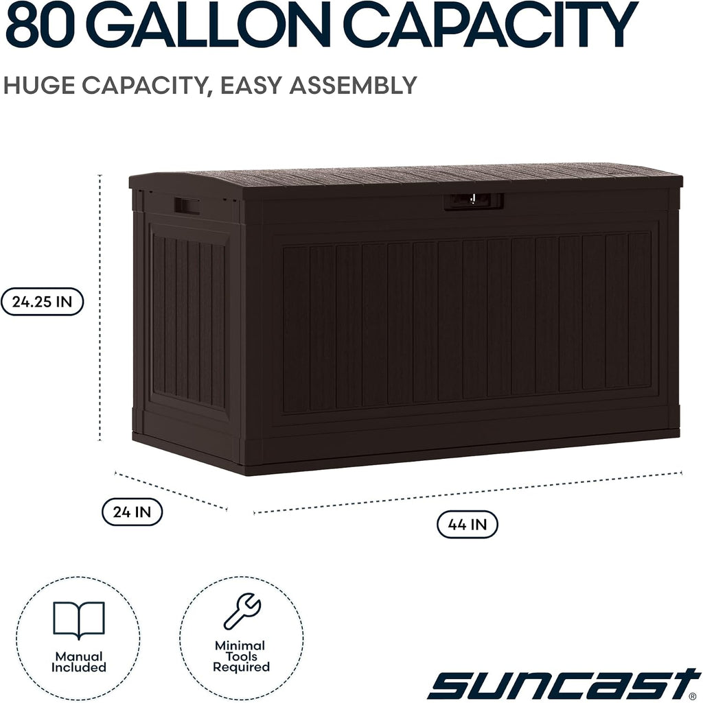 Suncast 80-Gal. Resin Large Outdoor Patio Deck Box with Pad-Lockable Lid, Modern Outdoor Patio Bench/Storage Box for Cushions, Garden Tools, and More, Java
