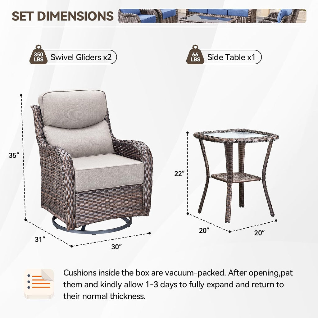 HUMMUH 3PCS Patio Furniture Set with 6-inch Thick Cushion, High Back Outdoor Swivel Rocker Patio Chairs, Wicker Conversation Set for Porch Deck and Poolside(V3)