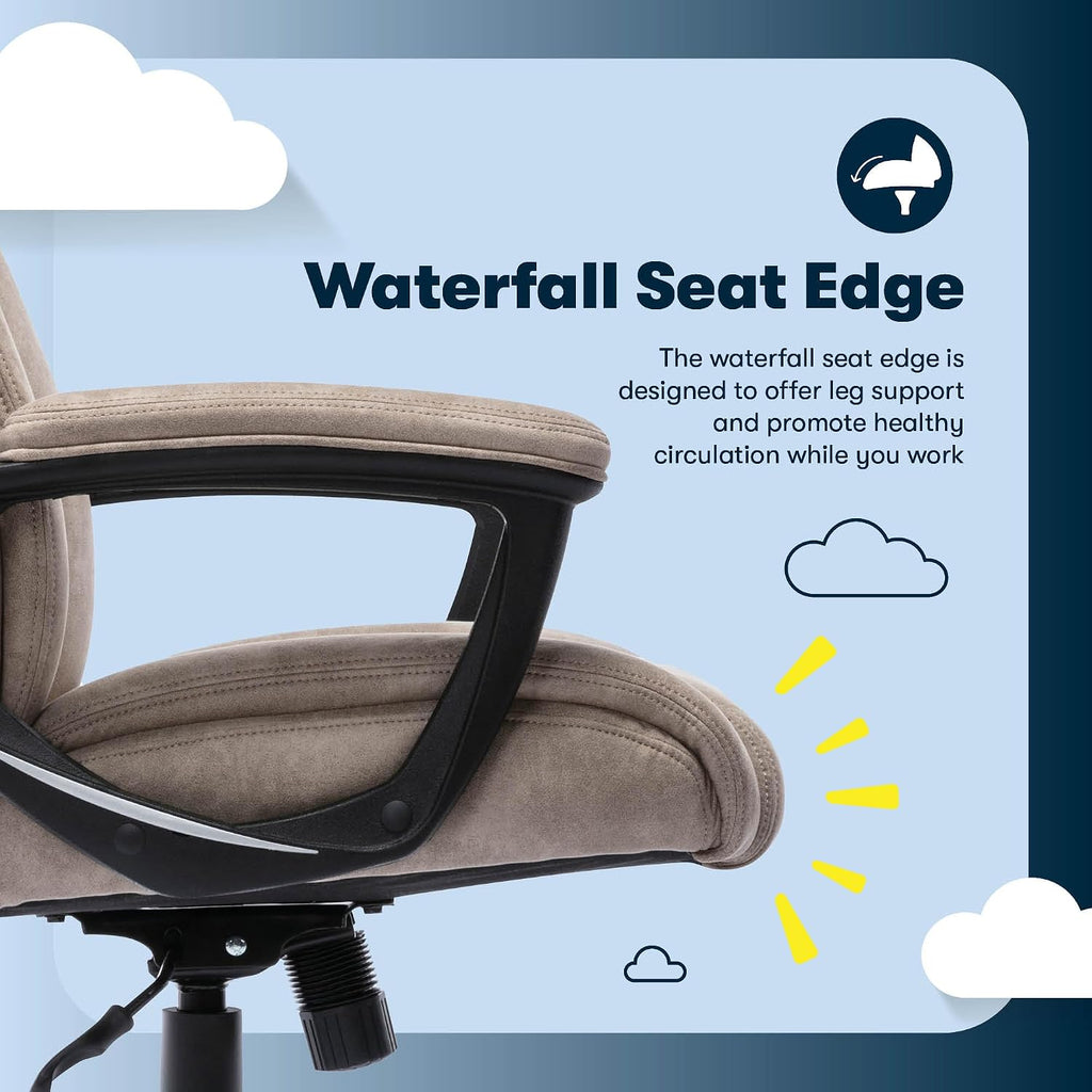 Serta Comfort Eco Office Chair, Ergonomic Mid-Back with Lumbar Support, Semi-Plush Seat Cushion and Layered Body Pillows, Padded Armrests, Metal Swivel Base, Soft Velvet Fabric, Light Brown