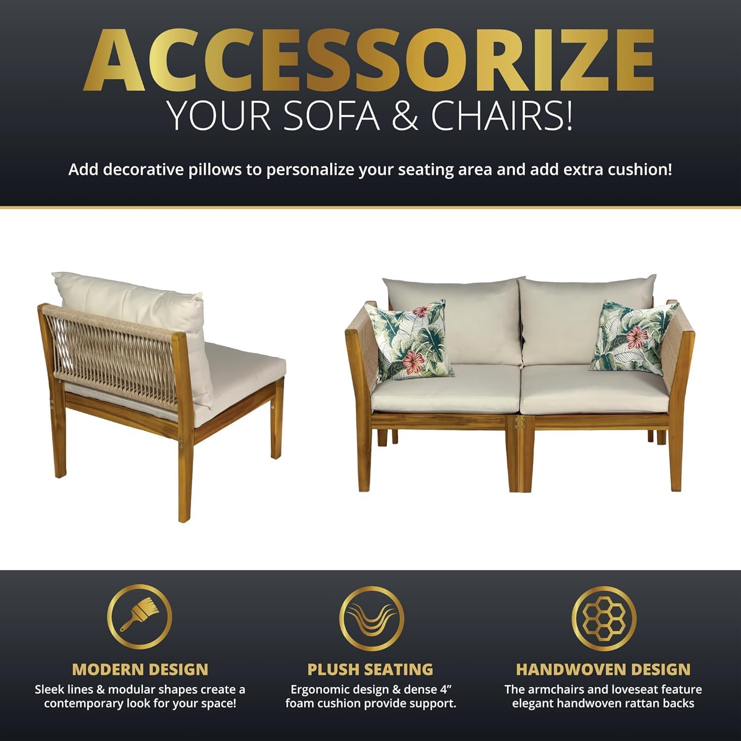5-Piece Acacia Wood Outdoor Patio Furniture Set, Modern Conversational Chat Set with Water-Resistant Cushions, Space-Saving Sectional Sofa for Small Balcony, Deck, Backyard, Natural Brown