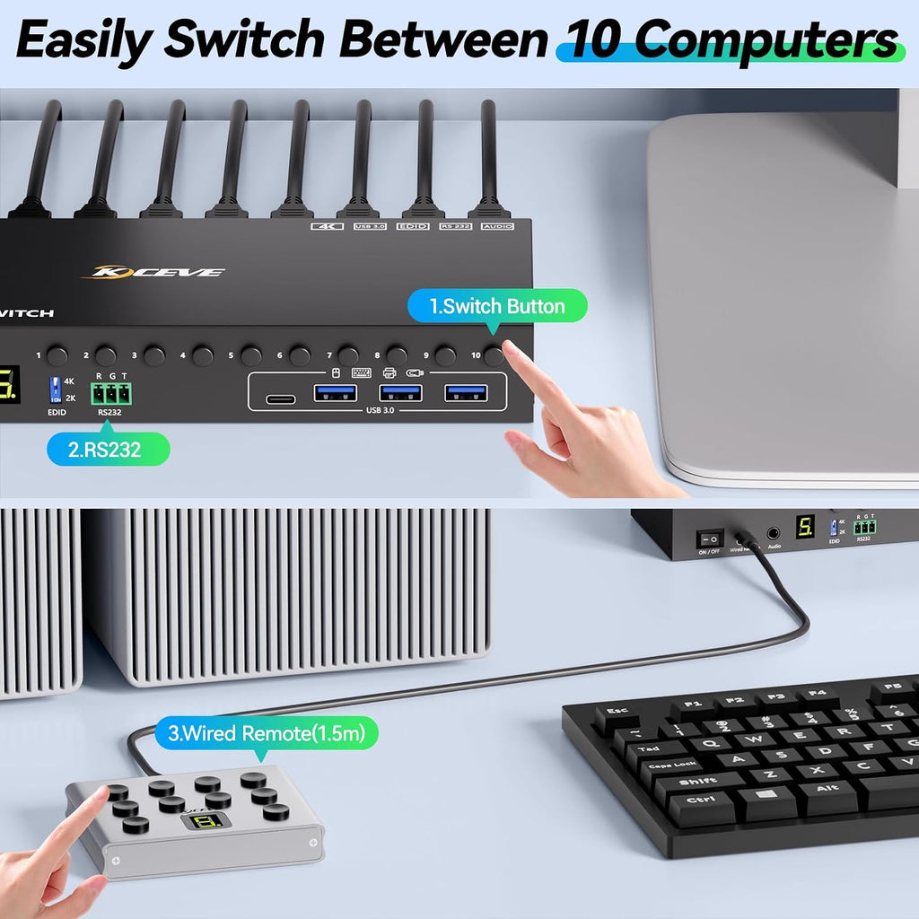 8 Port DisplayPort KVM Switch 4K@60Hz EDID Simulation, USB 3.0 DP KVM Switch for 8 Computers Share 1 Monitor and 4 USB Devices, Audio RS232,Wired Remote, 12V Power Supply & 8 USB Cables Included