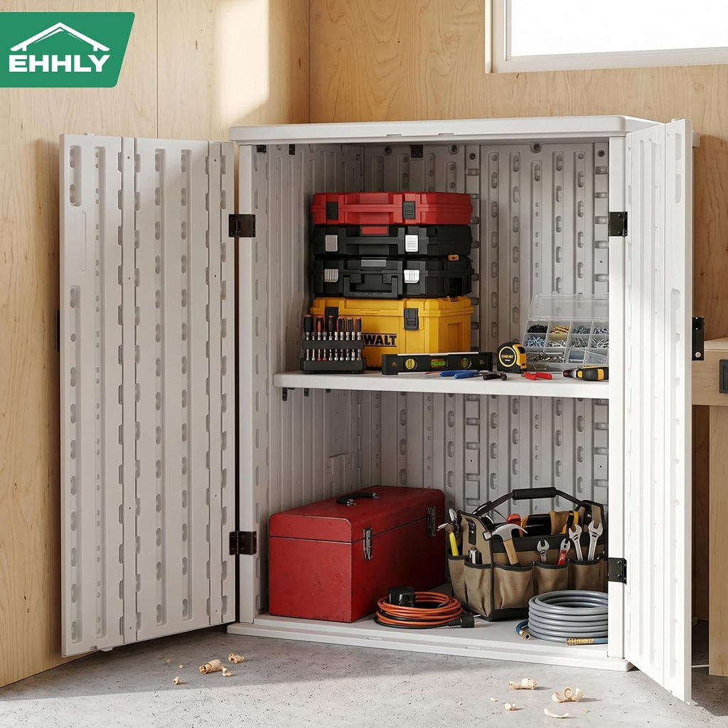 EHHLY Heavy Duty Small Storage Cabinet Outdoor Weatherproof, 14 Cuft Garage Storage Cabinet with 2 Adjustable Shelves, Lockable Kitchen Pantry Closer Organizer, 31Wx23Lx34H, Polar White