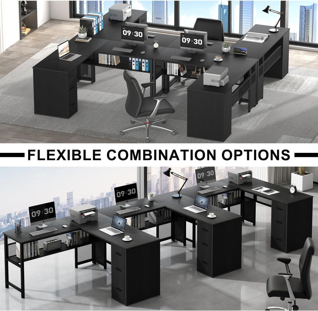LVB Black L Shaped Desk, Reversible Computer Office Desk with Drawers, Modern Large L Shape Gaming Desk Table with File Cabinets, Wood Executive Corner Desk with Storage Shelf for Bedroom, 59 Inch