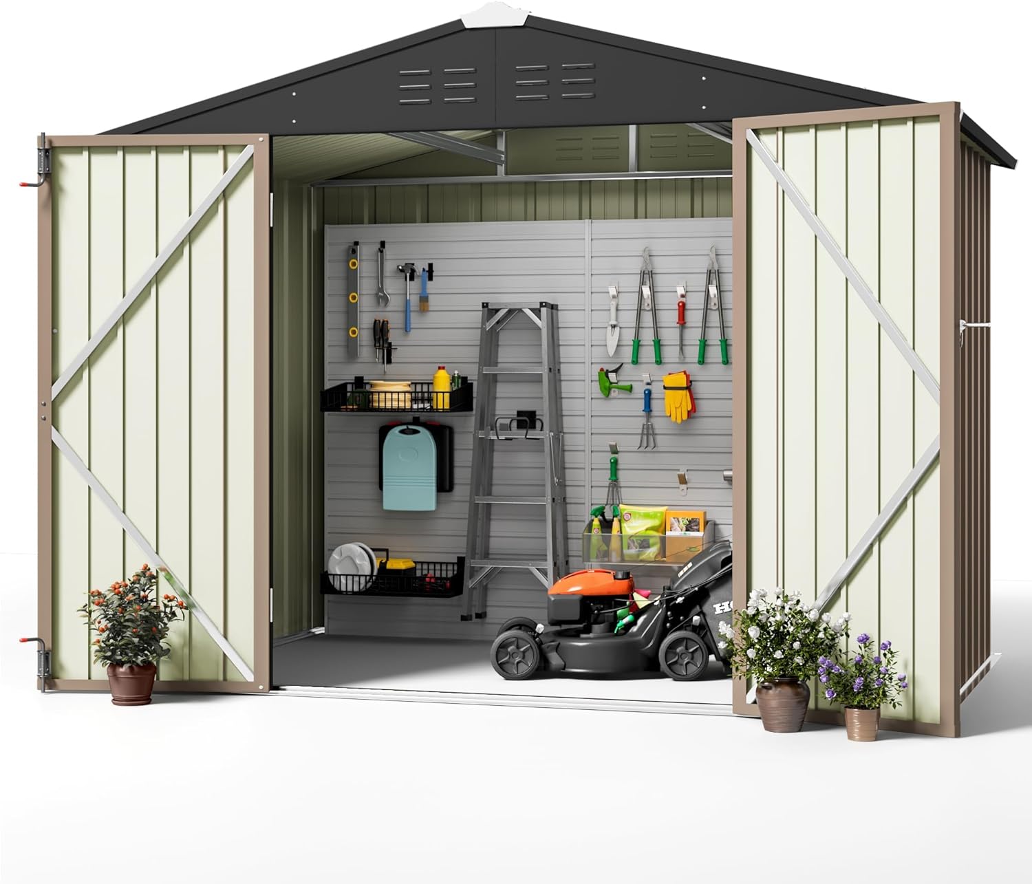 Greesum 8x6FT Outdoor Storage Shed, Utility Tool Shed with Sloping Roof, Metal Storaged Garden Shed with Door & Lock for Patio Storage, Brown
