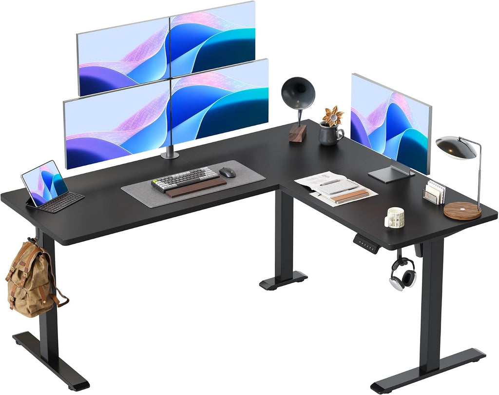 TIQLAB Standing Desk L Shaped, 63x55 Inch Adjustable Height Electric Stand Up Desk, Corner Standing Table with Hooks, Sit Stand Desk with Splice Board, Black