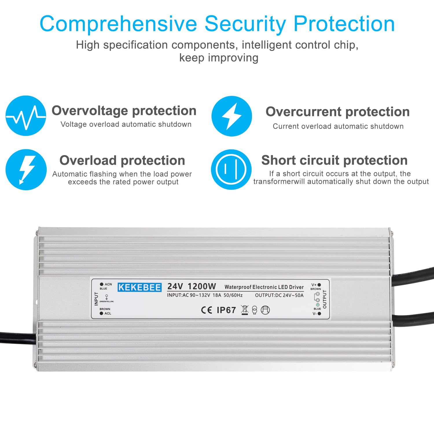 LED Driver 24V1200W Waterproof Power Supply AC90-132V to DC24V50A High Power Switching Power Supply IP67 Transformer Suitable for Indoor and Outdoor LED Lighting and Any 24V DC Equipment