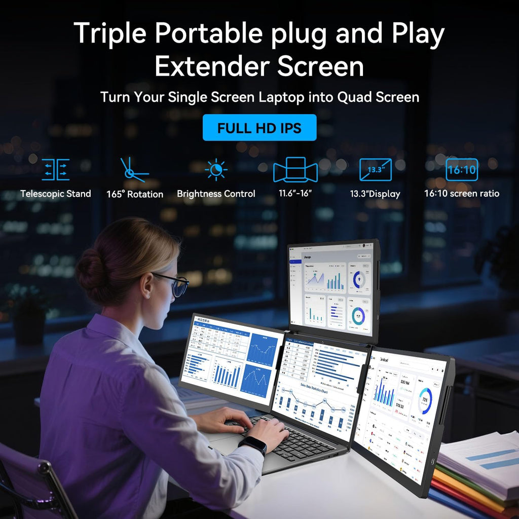 ADREAMER 13.3' Triple Screen Laptop Monitor Extender, Detachable 3 Screen Monitor for Laptop 13'-16', 1920x1200 IPS 16:10, 1 Cable for 3 Displays, Compatible with Wins/Mac.
