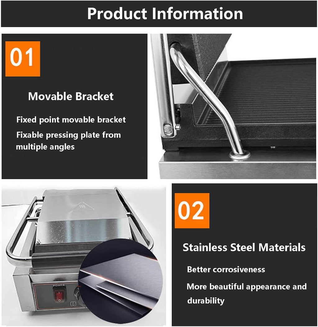 Commercial Sandwich Grill, Contact Grill Single-plate Platen Grill Countertop Sandwich Press W/Tempe Control 50-300℃,for Home Or Restaurant Use (Grooved)