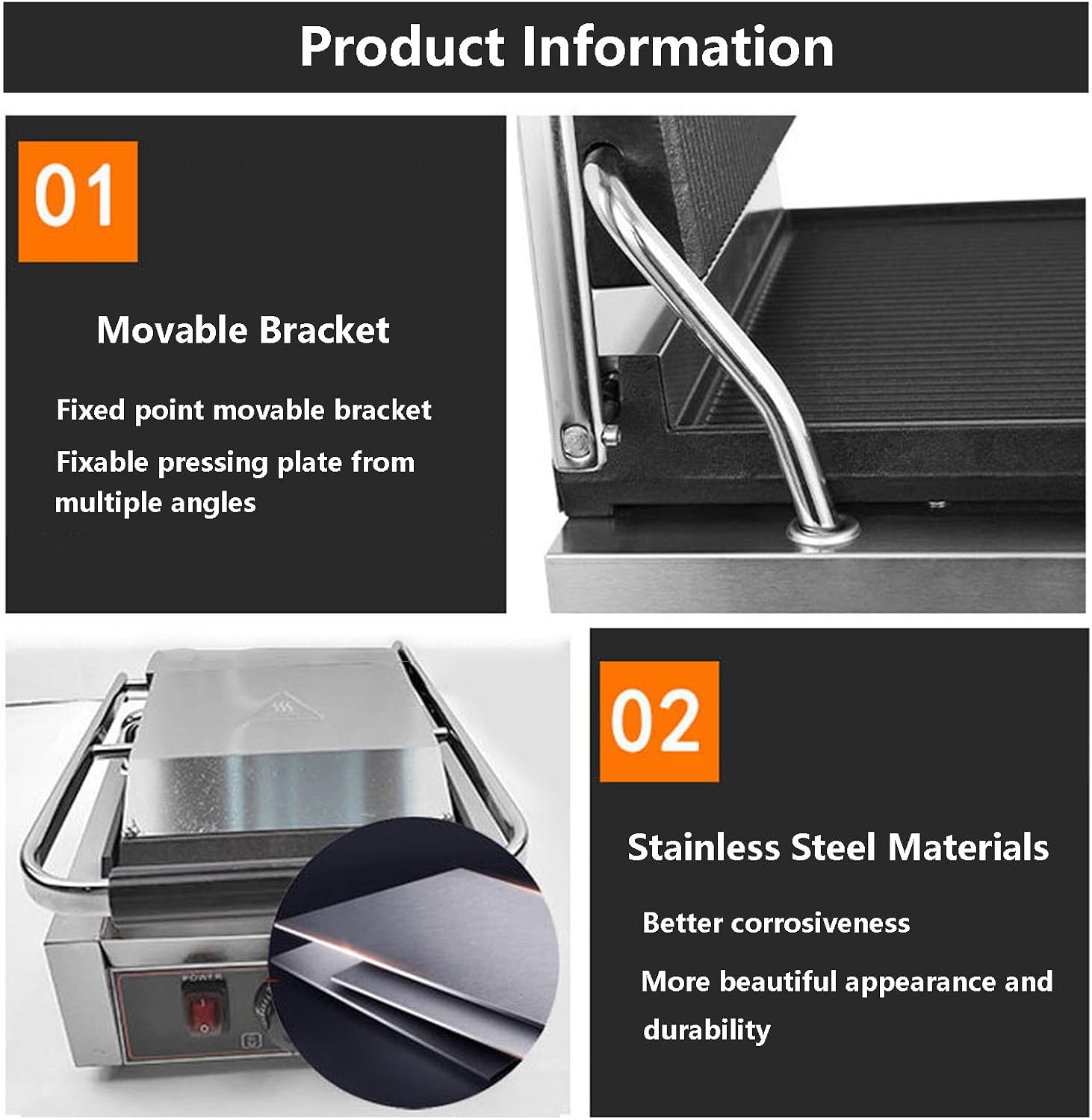 Commercial Sandwich Grill, Contact Grill Single-plate Platen Grill Countertop Sandwich Press W/Tempe Control 50-300℃,for Home Or Restaurant Use (Grooved)