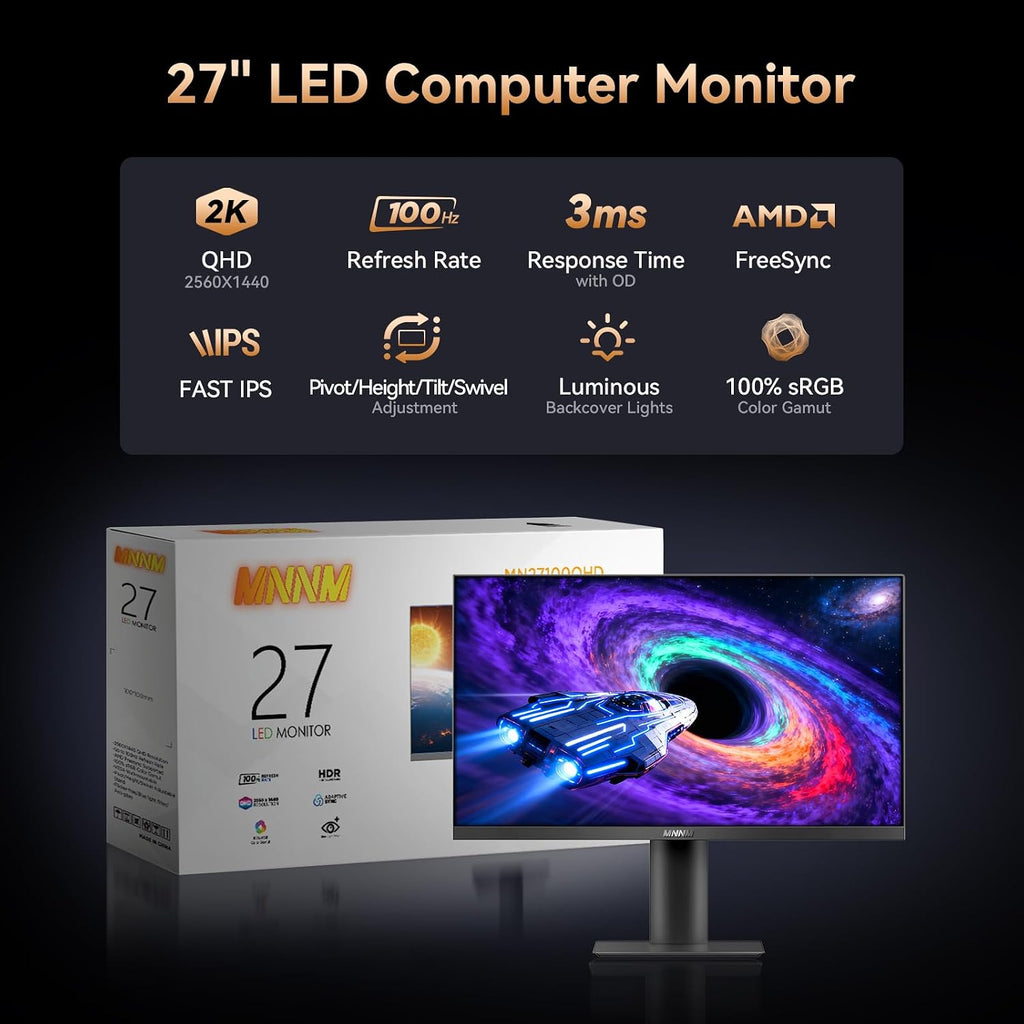 27 Inch Computer Monitor - Fast IPS 2K QHD 2560 x 1440p Desktop Monitor 100Hz 16:9 Display HDMI 2.0 & DP1.4 AMD FreeSync 100% sRGB TÜV Eye Care PC Gaming Screen Support Vesa Height/Tilt/Swivel/Pivot