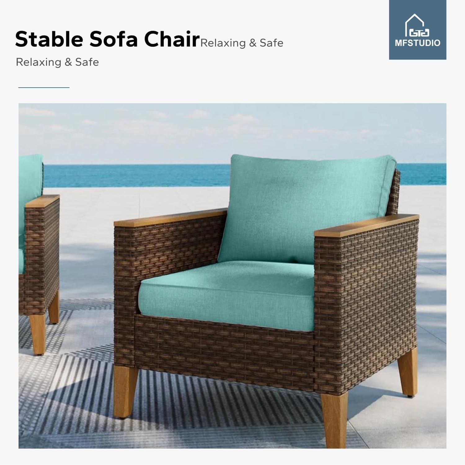 MFSTUDIO 9 Piece Extra Large Wicker Patio Furniture Set, 2 x Loveseat Sofa, 2 x Ottoman, 3-Seat Sofa, All-Weather Outdoor PE Rattan Patio Conversation Set for Garden, Backyard(Aqua Blue Cushions)