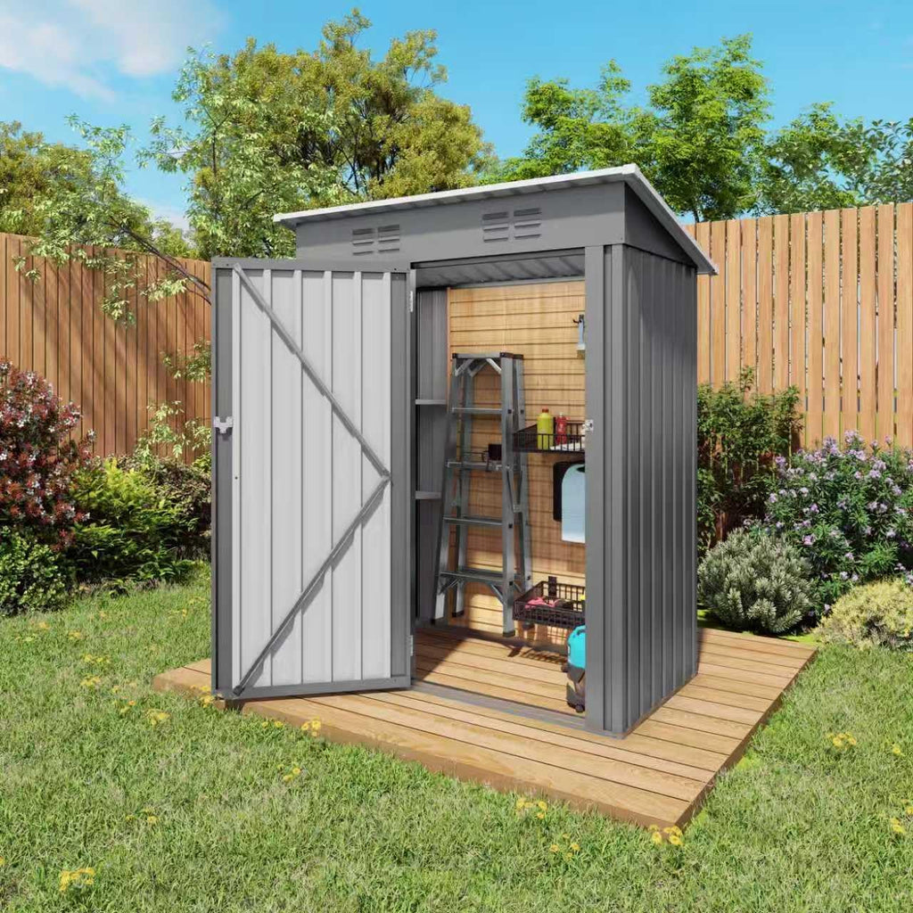 Outdoor Storage Shed 5x3x6FT Pitched Roof, Galvanized Steel Garden Shed with Lockable Door & Window, Waterproof Metal Tool Storage for Garden, Backyard, Patio, Lawn