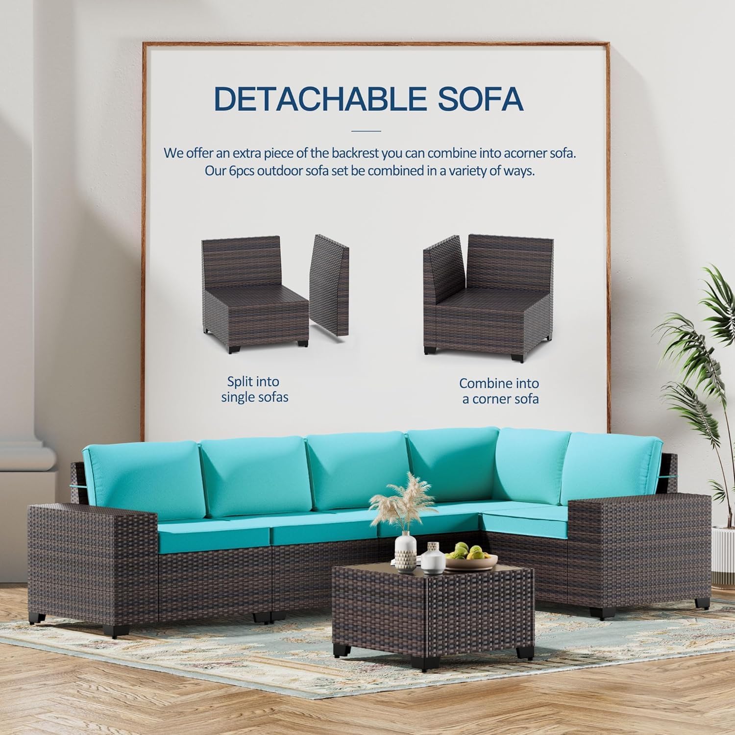 Kullavik Outdoor Patio Furniture Set,12 Pieces Sectional Rattan Sofa Set Brown PE Rattan Wicker Patio Conversation Set with 10 Seat Cushions and 2 Tempered Glass Coffee Table,Turquoise Blue